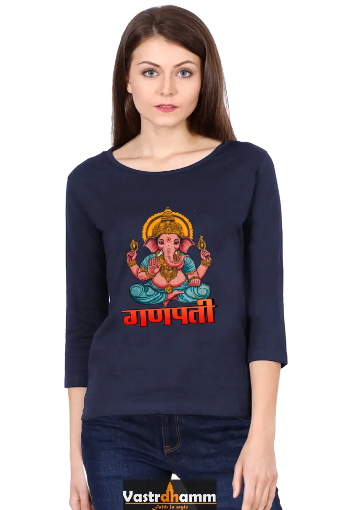 Ganesha BlessingsRound Neck Full Sleeve T-Shirts for Women Vastrdhamm