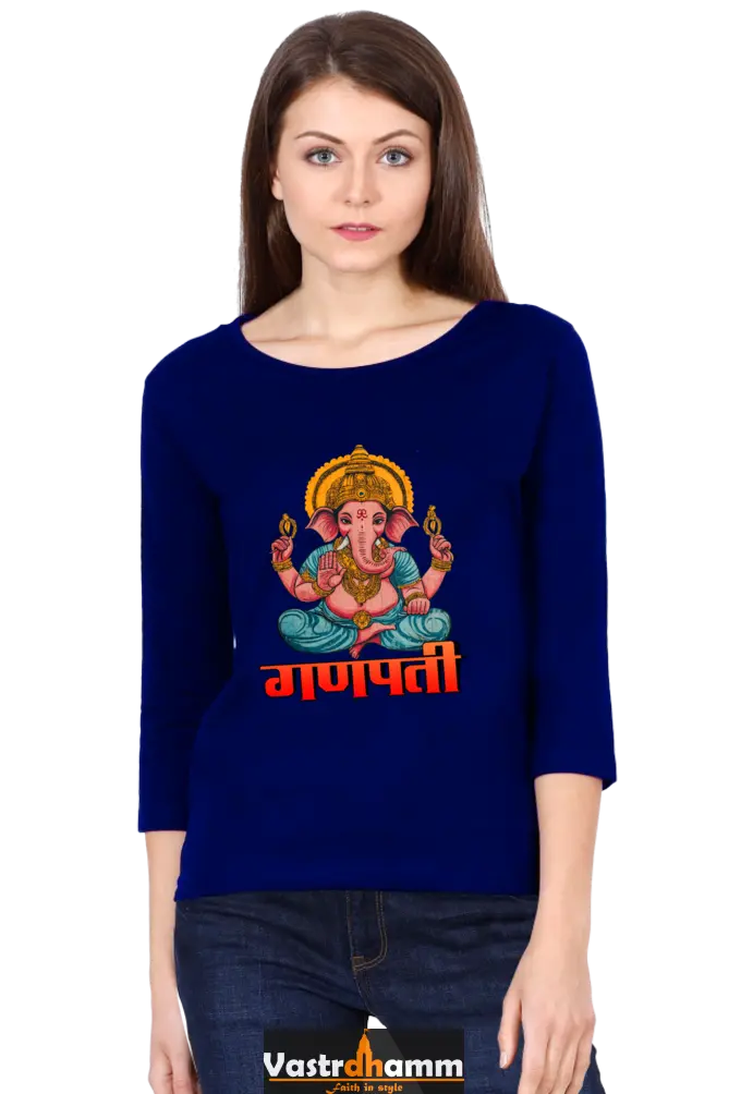 Ganesha BlessingsRound Neck Full Sleeve T-Shirts for Women Vastrdhamm