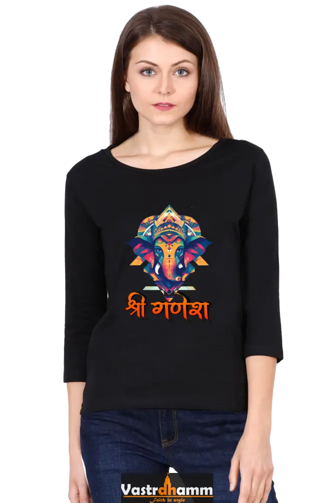 Ganesha DevotionRound Neck Full Sleeve T-Shirts for Women Vastrdhamm