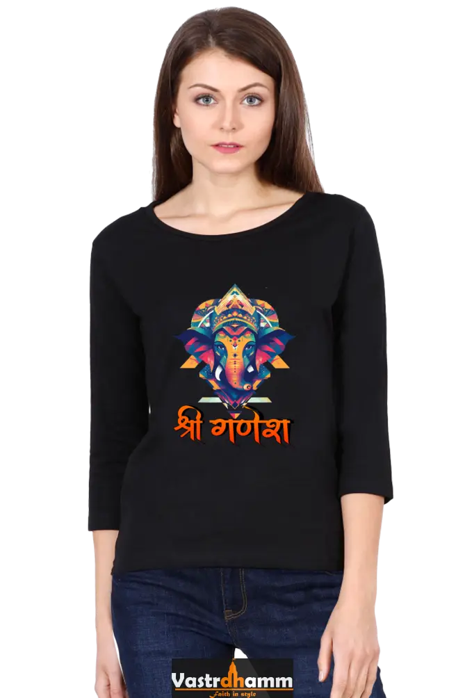 Ganesha DevotionRound Neck Full Sleeve T-Shirts for Women Vastrdhamm