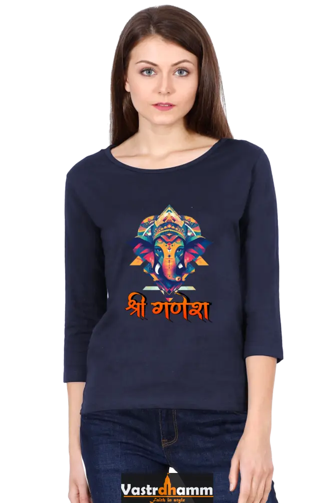Ganesha DevotionRound Neck Full Sleeve T-Shirts for Women Vastrdhamm