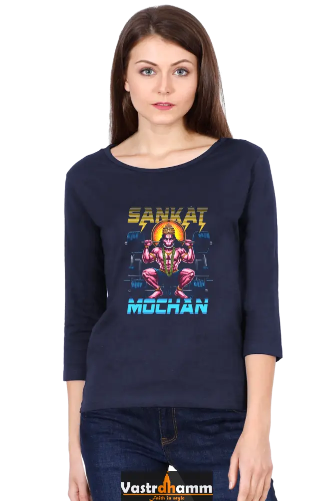 Hanuman Cosmic WarriorRound Neck Full Sleeve T-Shirts for Women Vastrdhamm