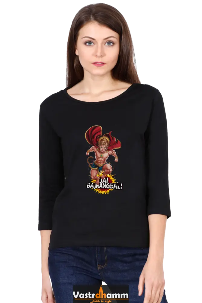 Hanuman Devotional HeroRound Neck Full Sleeve T-Shirts for Women Vastrdhamm