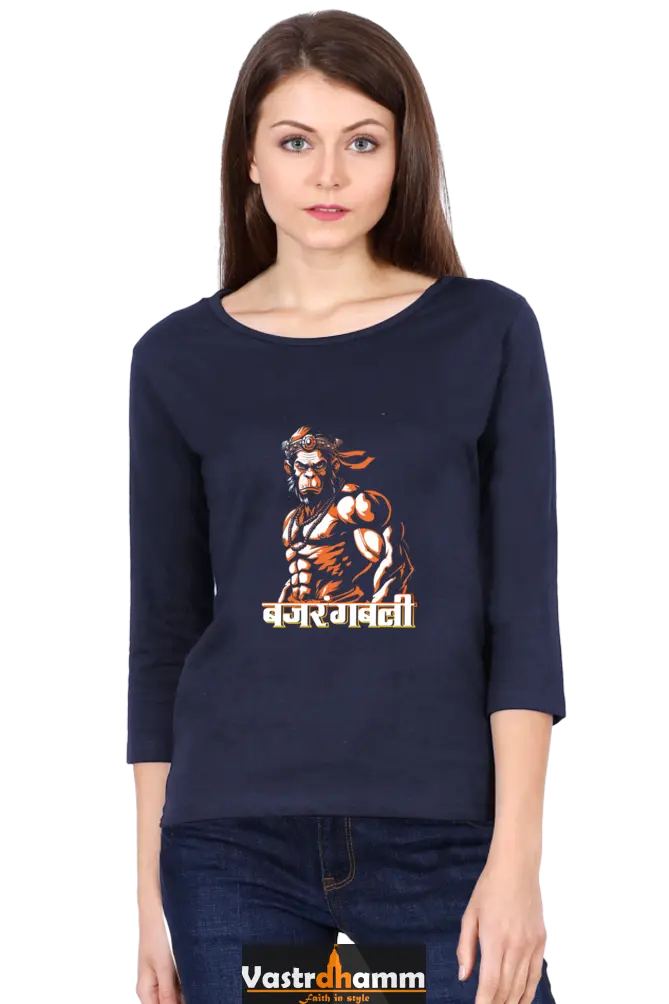 Hanuman Devotional WarriorRound Neck Full Sleeve T-Shirts for Women Vastrdhamm