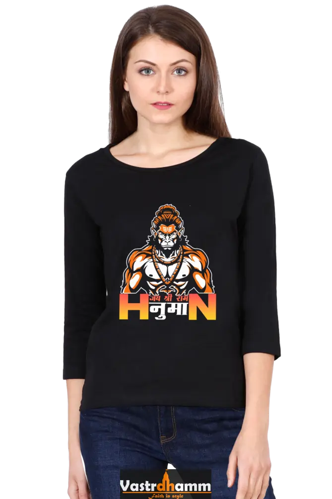 Hanuman Divine AscendancyRound Neck Full Sleeve T-Shirts for Women Vastrdhamm