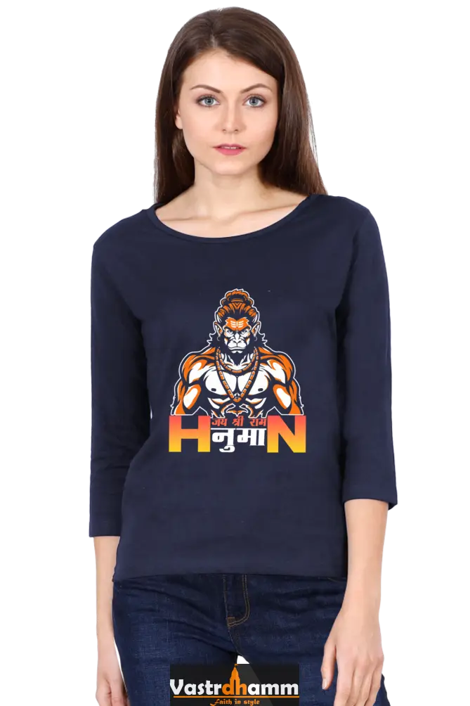 Hanuman Divine AscendancyRound Neck Full Sleeve T-Shirts for Women Vastrdhamm