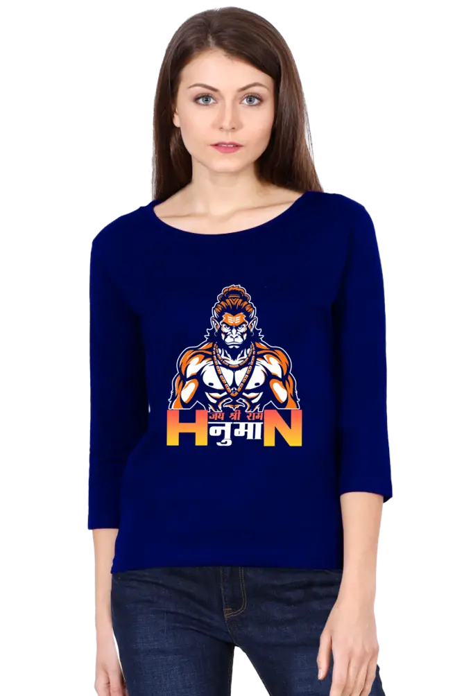 Hanuman Divine AscendancyRound Neck Full Sleeve T-Shirts for Women Vastrdhamm