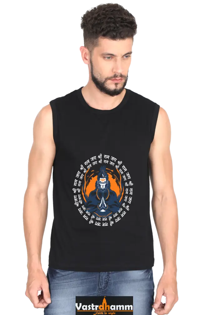 Hanuman Divine Willpower Round Neck Sleeveless T-Shirts for Men Vastrdhamm