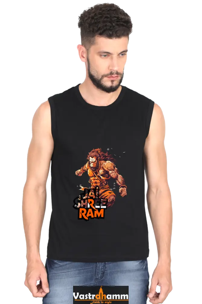Hanuman Jai Shree Ram Round Neck Sleeveless T-Shirts for Men Vastrdhamm