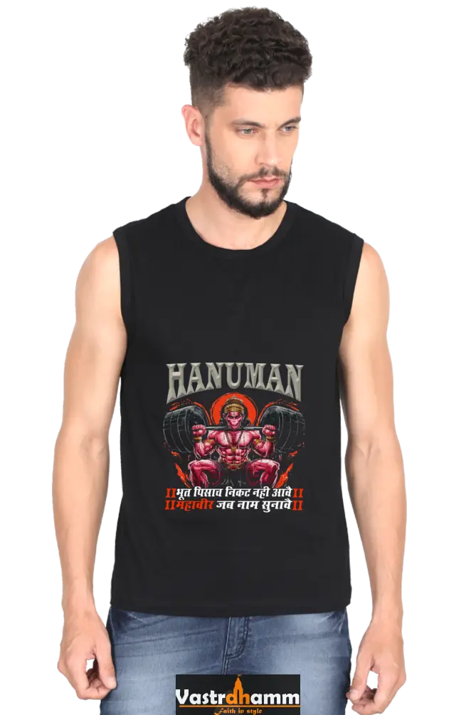 Hanuman Majestic Devotion Round Neck Sleeveless T-Shirts for Men Vastrdhamm