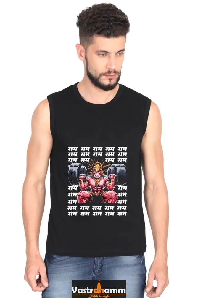 Hanuman Unyielding Strength Round Neck Sleeveless T-Shirts for Men Vastrdhamm