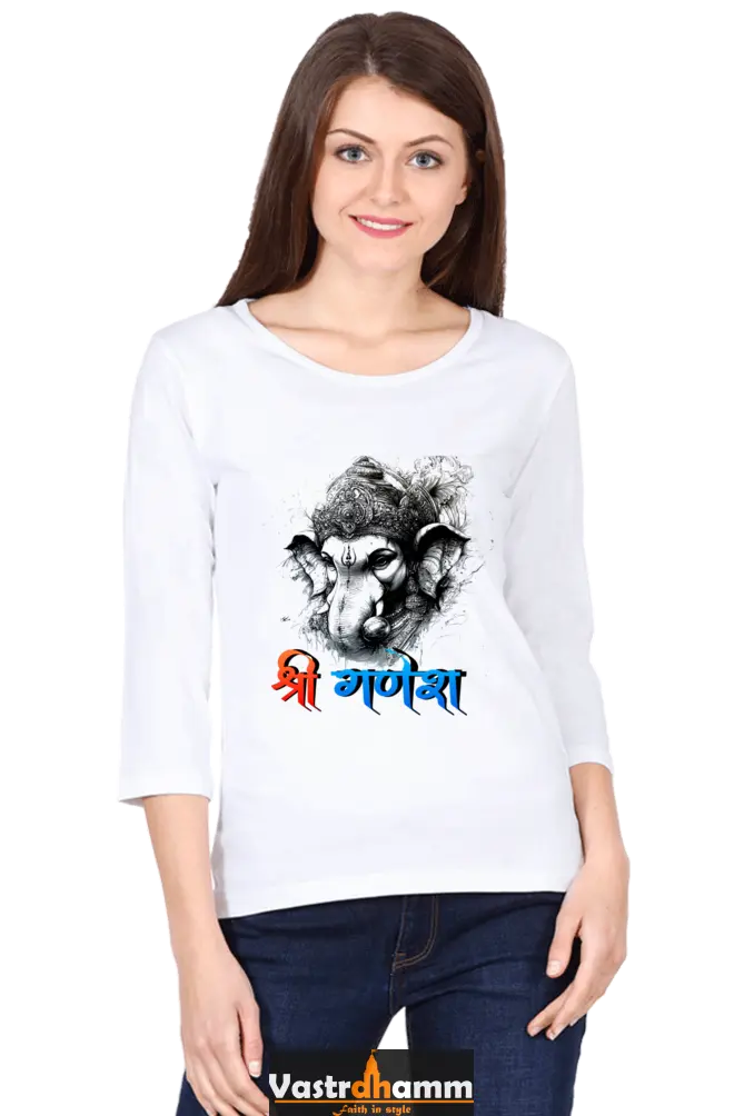 Jai Ganesha GloryRound Neck Full Sleeve T-Shirts for Women Vastrdhamm