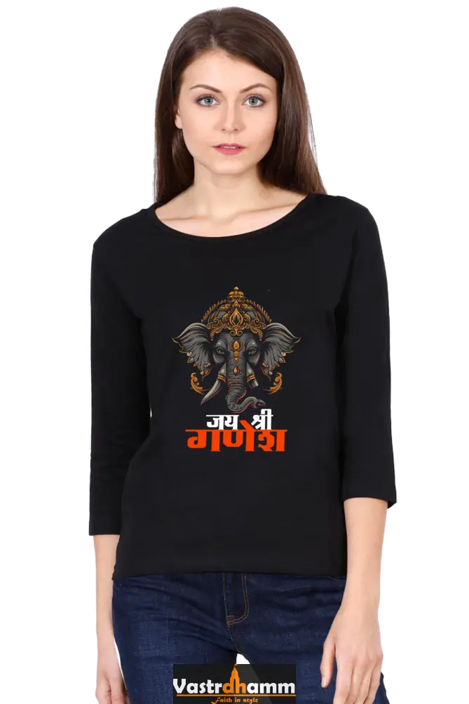 Jai Ganesha PowerRound Neck Full Sleeve T-Shirts for Women Vastrdhamm