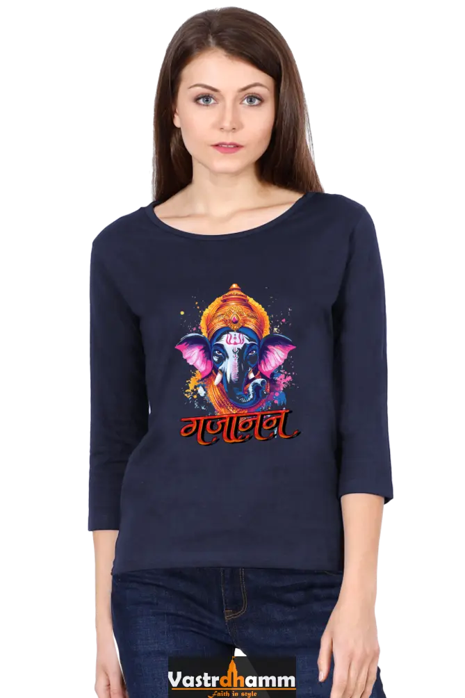 Jai Ganesha ProtectorRound Neck Full Sleeve T-Shirts for Women Vastrdhamm