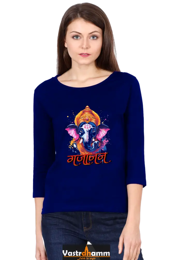 Jai Ganesha ProtectorRound Neck Full Sleeve T-Shirts for Women Vastrdhamm
