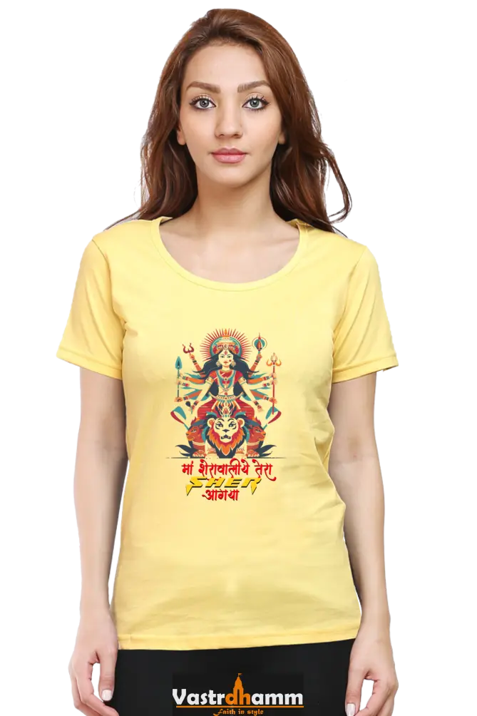 Maa Durga Warrior Round Neck Half Sleeve Classic T-Shirts for Women Vastrdhamm