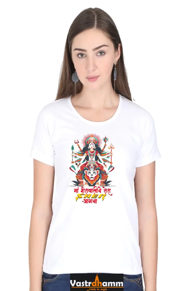 Maa Durga Warrior Round Neck Half Sleeve Classic T-Shirts for Women Vastrdhamm