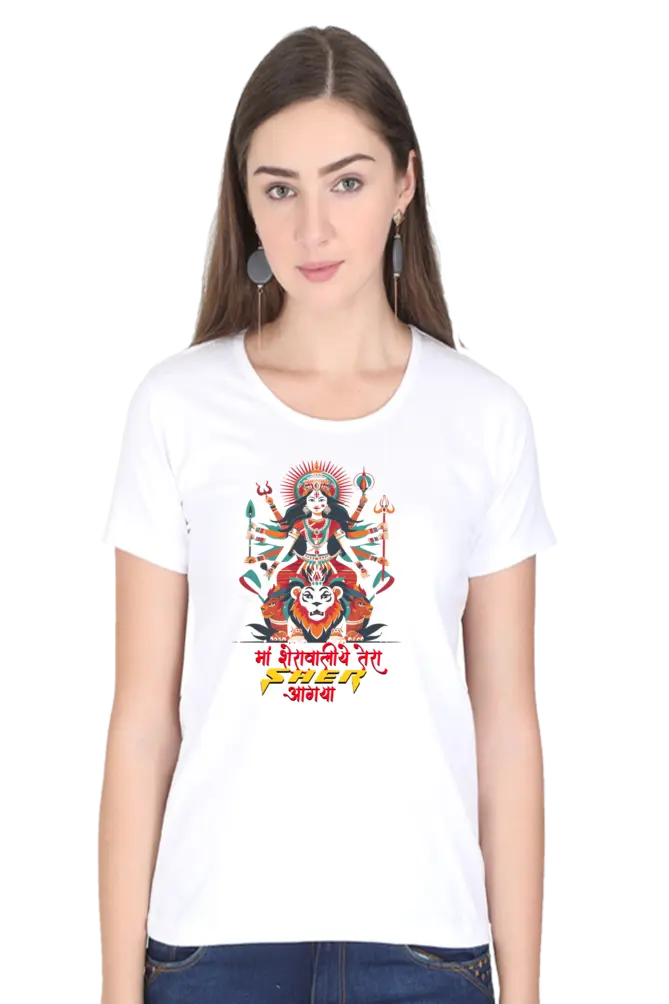 Maa Durga Warrior Round Neck Half Sleeve Classic T-Shirts for Women Vastrdhamm