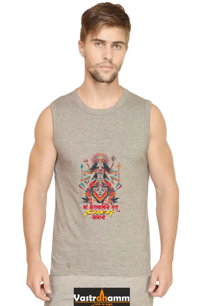 Maa Durga Warrior Round Neck Sleeveless T-Shirts for Men Vastrdhamm
