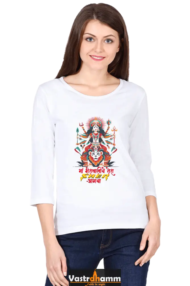 Maa Durga WarriorRound Neck Full Sleeve T-Shirts for Women Vastrdhamm
