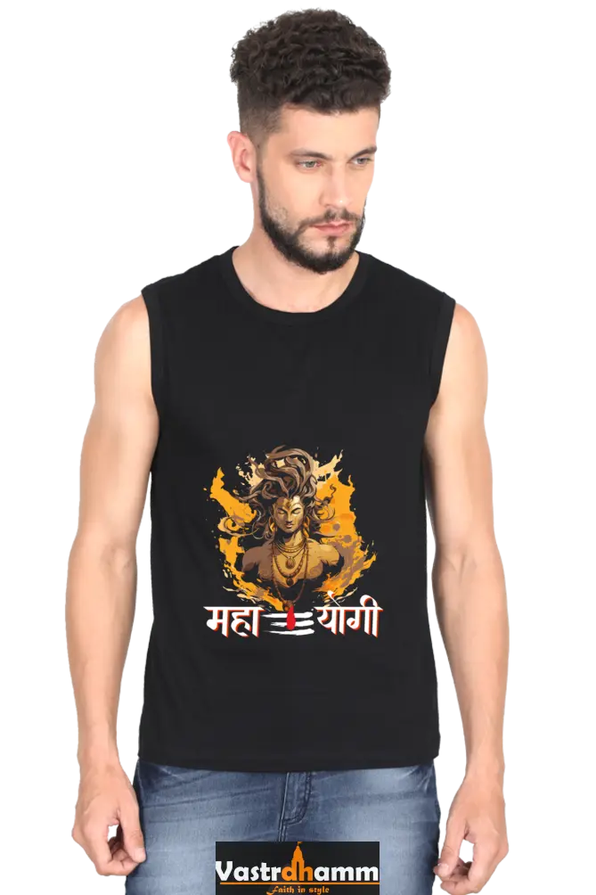 Shiv Ji Divine Power Round Neck Sleeveless T-Shirts for Men Vastrdhamm
