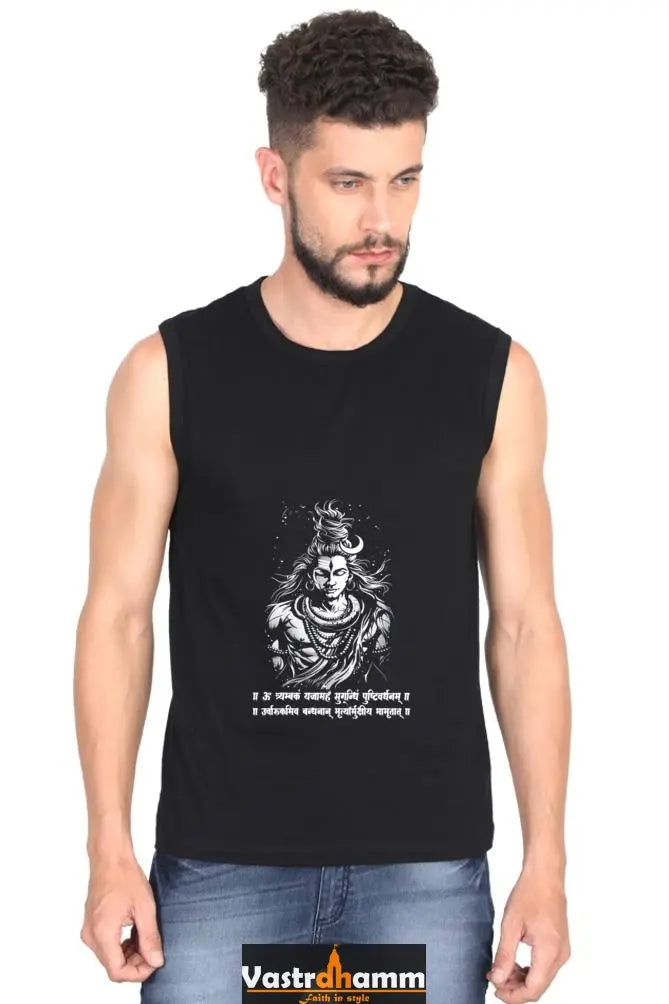 Shiv Ji Warrior Spirit Round Neck Sleeveless T-Shirts for Men Vastrdhamm
