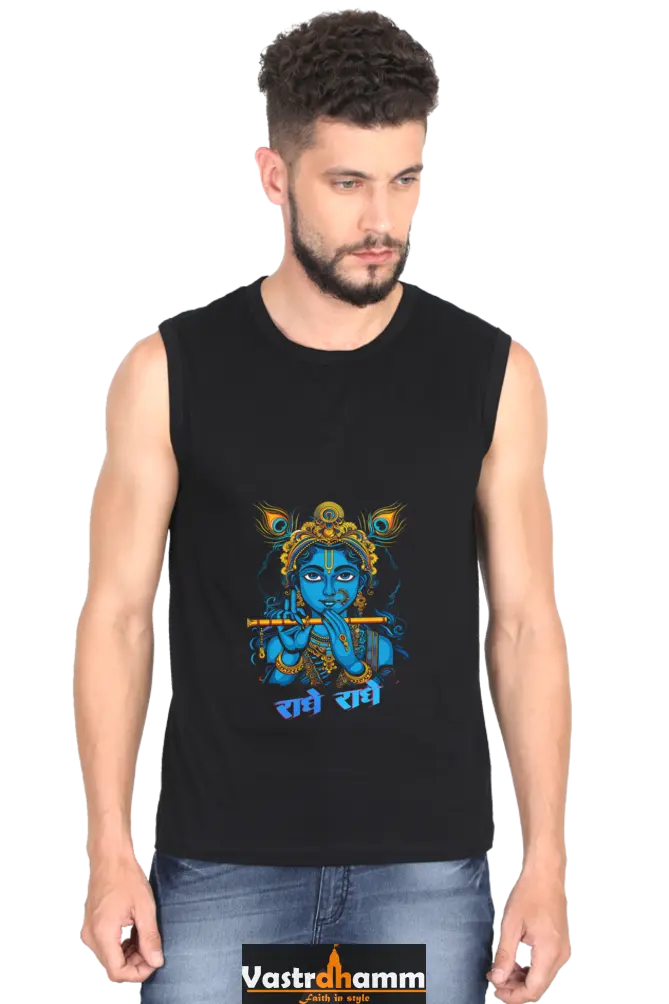 Shree Krishan Divine Love Round Neck Sleeveless T-Shirts for Men Vastrdhamm
