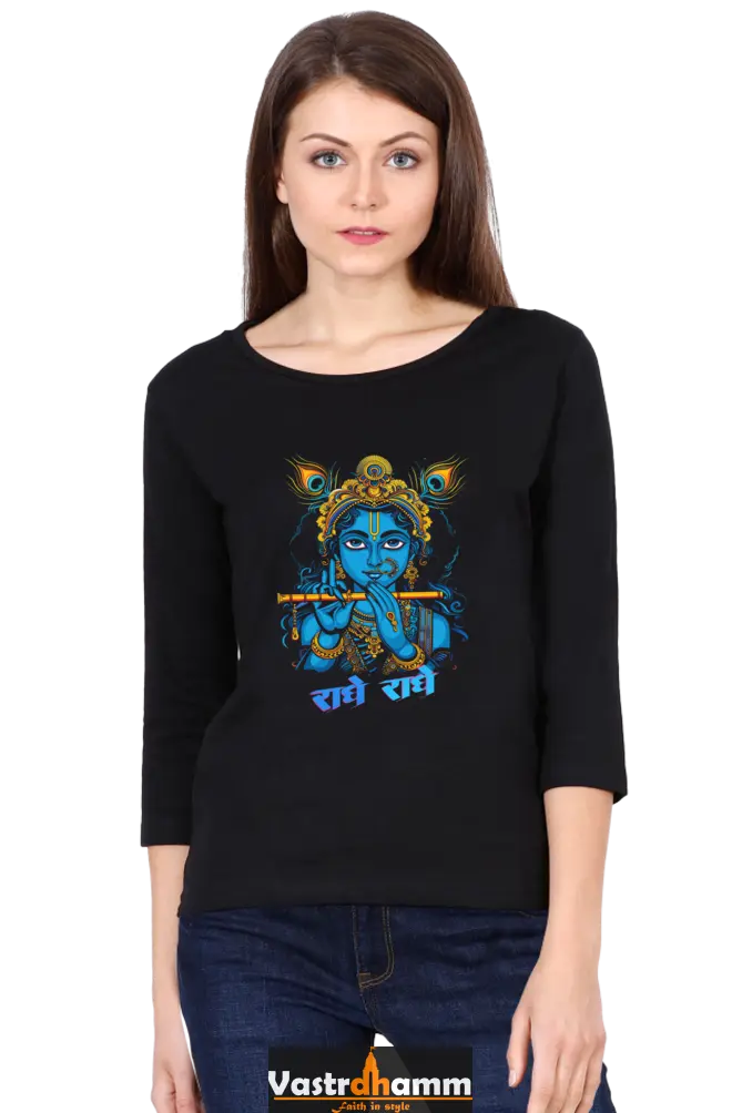 Shree Krishan Flute Melody Round Neck Full Sleeve T-Shirts for Women Vastrdhamm