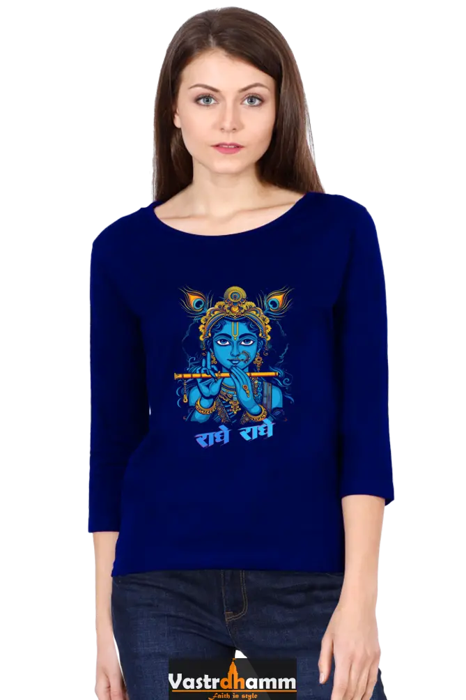 Shree Krishan Flute Melody Round Neck Full Sleeve T-Shirts for Women Vastrdhamm