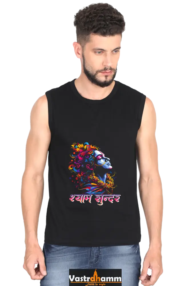 Shree Krishan Flute Melody Round Neck Sleeveless T-Shirts for Men Vastrdhamm