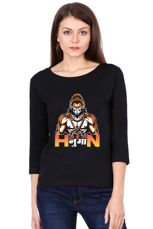 Hanuman Divine AscendancyRound Neck Full Sleeve T-Shirts for Women Vastrdhamm