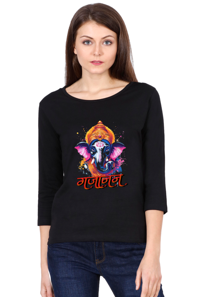 Jai Ganesha ProtectorRound Neck Full Sleeve T-Shirts for Women Vastrdhamm