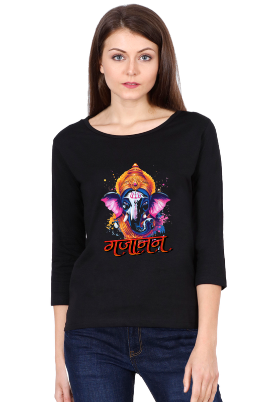 Jai Ganesha ProtectorRound Neck Full Sleeve T-Shirts for Women Vastrdhamm