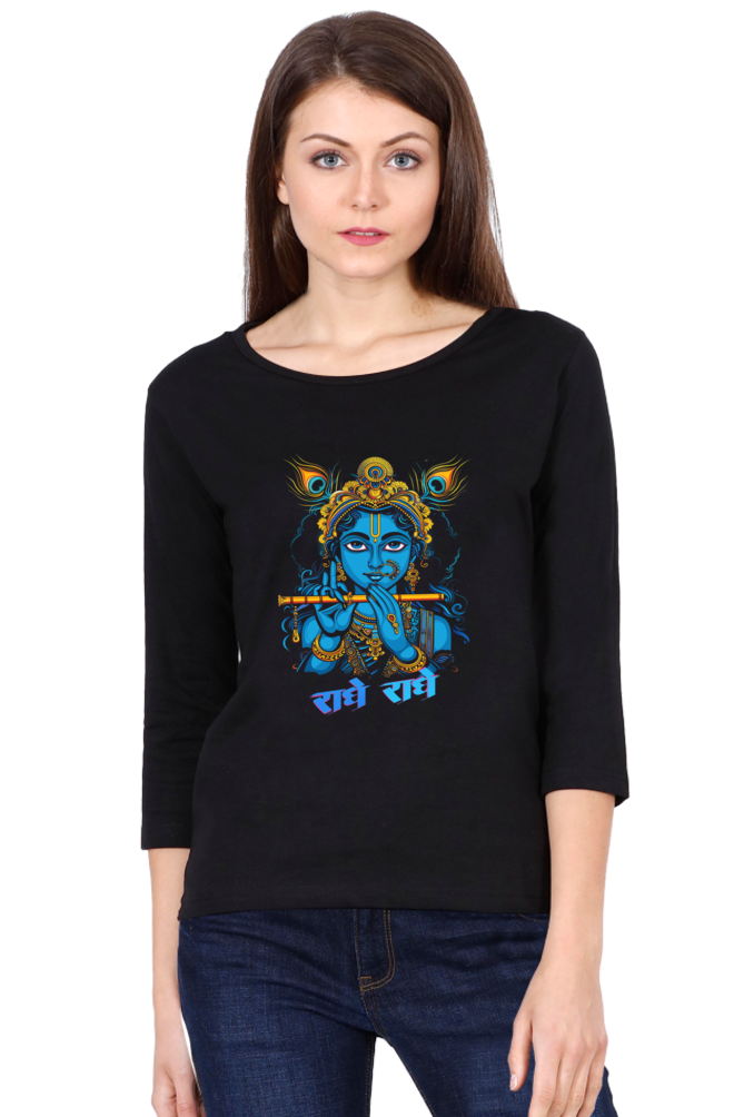 Shree Krishan Flute Melody Round Neck Full Sleeve T-Shirts for Women Vastrdhamm