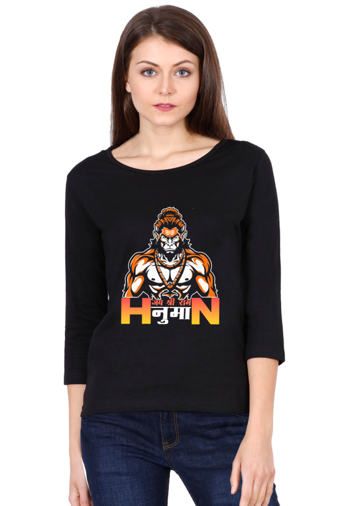 Hanuman Divine AscendancyRound Neck Full Sleeve T-Shirts for Women Vastrdhamm