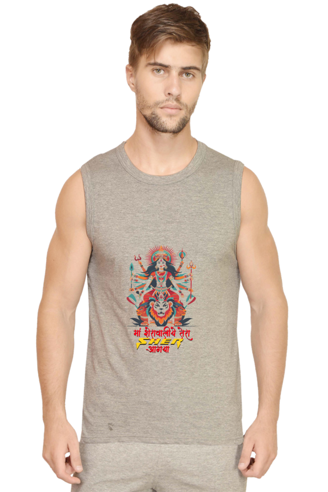 Maa Durga Warrior Round Neck Sleeveless T-Shirts for Men Vastrdhamm