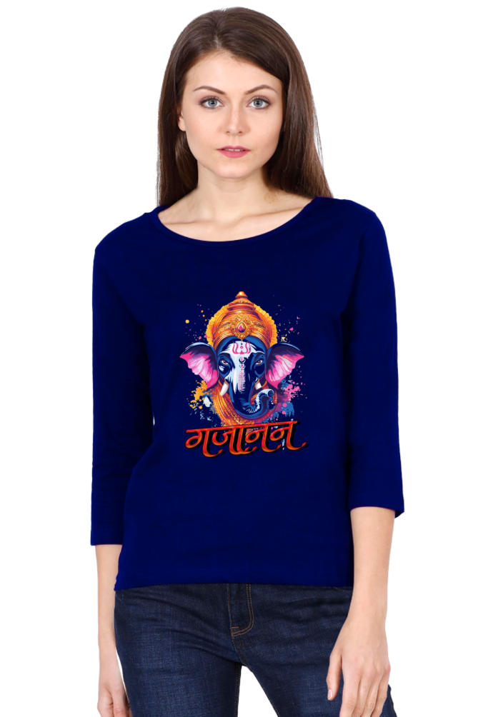 Jai Ganesha ProtectorRound Neck Full Sleeve T-Shirts for Women Vastrdhamm