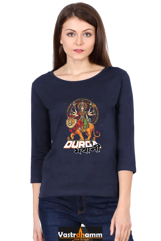 Durga ProtectorRound Neck Full Sleeve T-Shirts for Women Vastrdhamm