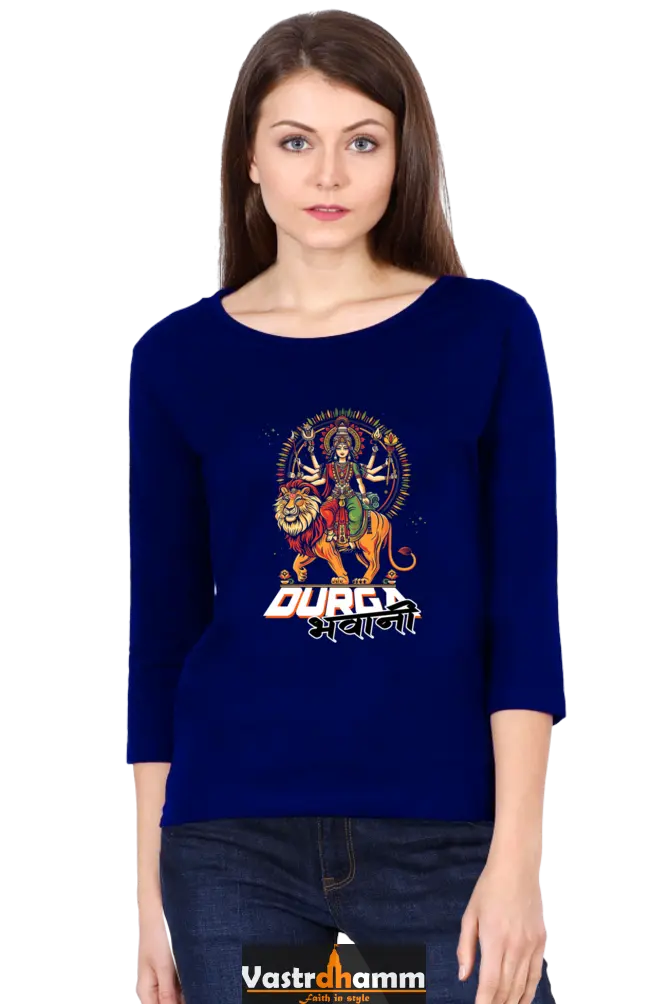 Durga ProtectorRound Neck Full Sleeve T-Shirts for Women Vastrdhamm