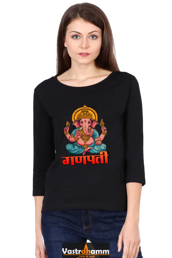 Ganesha BlessingsRound Neck Full Sleeve T-Shirts for Women Vastrdhamm