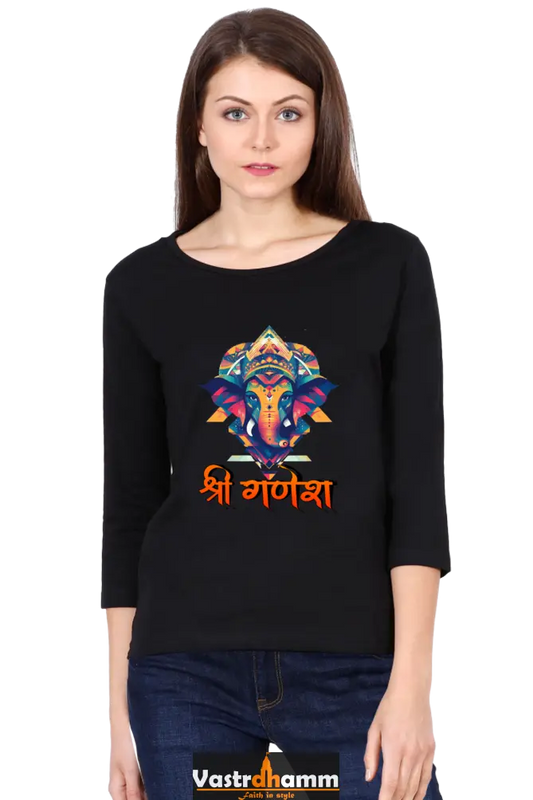 Ganesha DevotionRound Neck Full Sleeve T-Shirts for Women Vastrdhamm