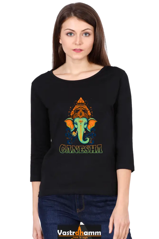 Ganesha ProtectorRound Neck Full Sleeve T-Shirts for Women Vastrdhamm