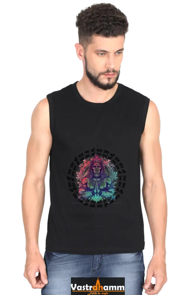 Hanuman Bhakti Devotion Round Neck Sleeveless T-Shirts for Men Vastrdhamm