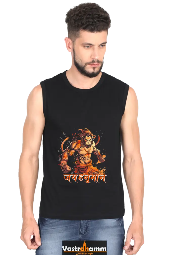 Hanuman Bhakti Power Round Neck Sleeveless T-Shirts for Men Vastrdhamm