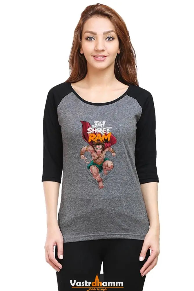 Hanuman Bhakti Warrior Raglan Full Sleeve T-Shirts for Women Vastrdhamm