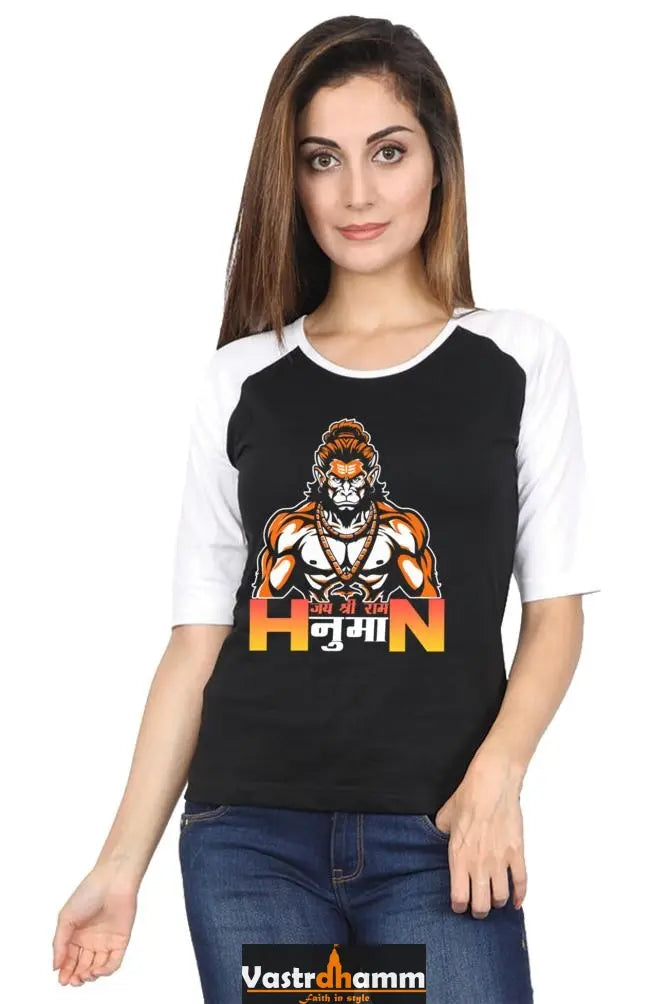 Hanuman Divine Powerhouse Raglan Full Sleeve T-Shirts for Women Vastrdhamm