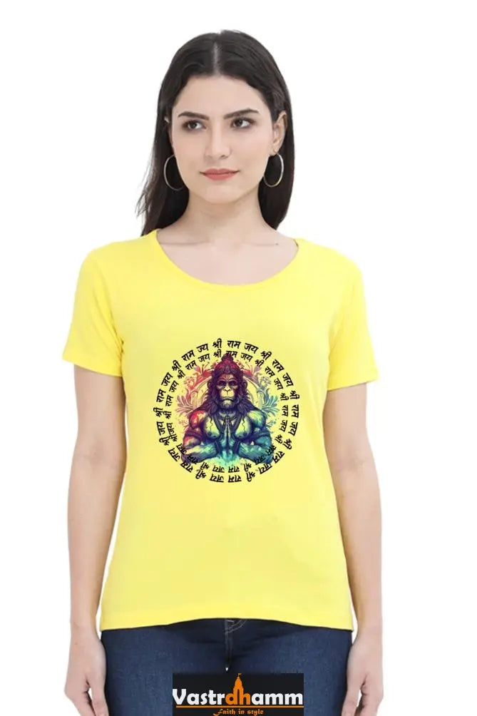 Hanuman Majestic Devotion Round Neck Half Sleeve Classic T-Shirts for Women Vastrdhamm