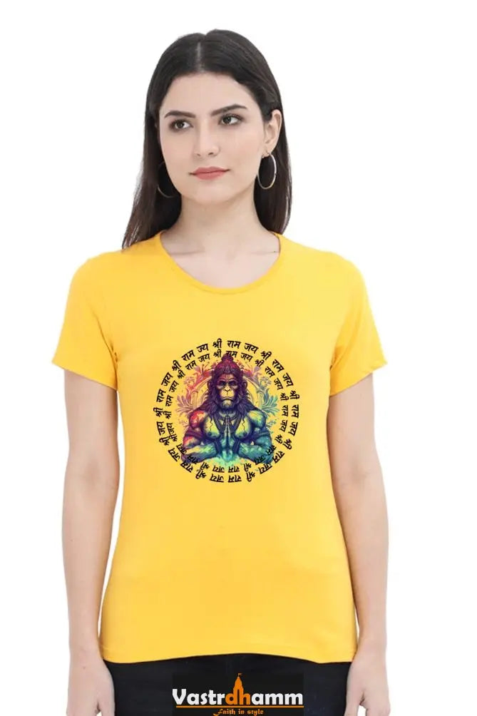 Hanuman Majestic Devotion Round Neck Half Sleeve Classic T-Shirts for Women Vastrdhamm