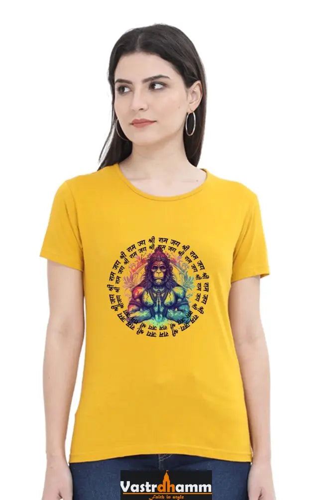 Hanuman Majestic Devotion Round Neck Half Sleeve Classic T-Shirts for Women Vastrdhamm