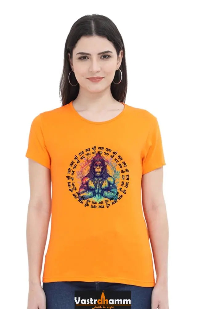 Hanuman Majestic Devotion Round Neck Half Sleeve Classic T-Shirts for Women Vastrdhamm